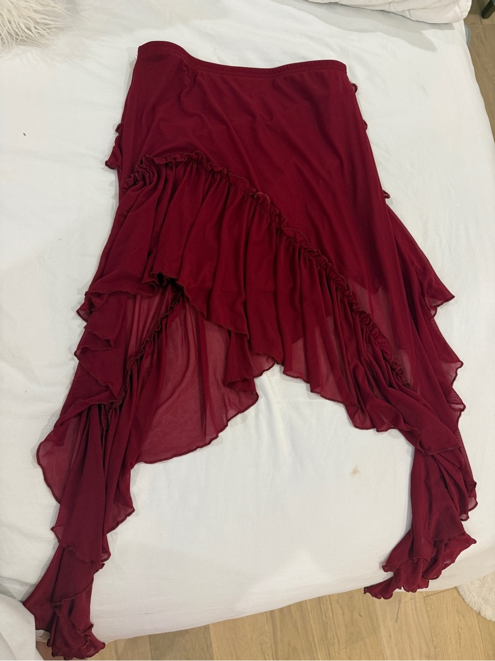 Asymmetrical Ruffle Midi Skirt in Deep Wine